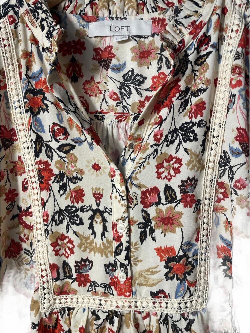 LOFT Floral Long Sleeve Blouse Women's Size Small Embroidered Whimsy Boho - Picture 3 of 7